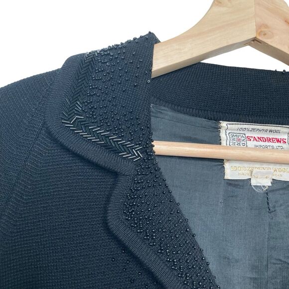 St Andrews Vintage Wool Blazer Womens Sz 10 Black Beaded Embellished Zephyr Wool - Picture 8 of 12